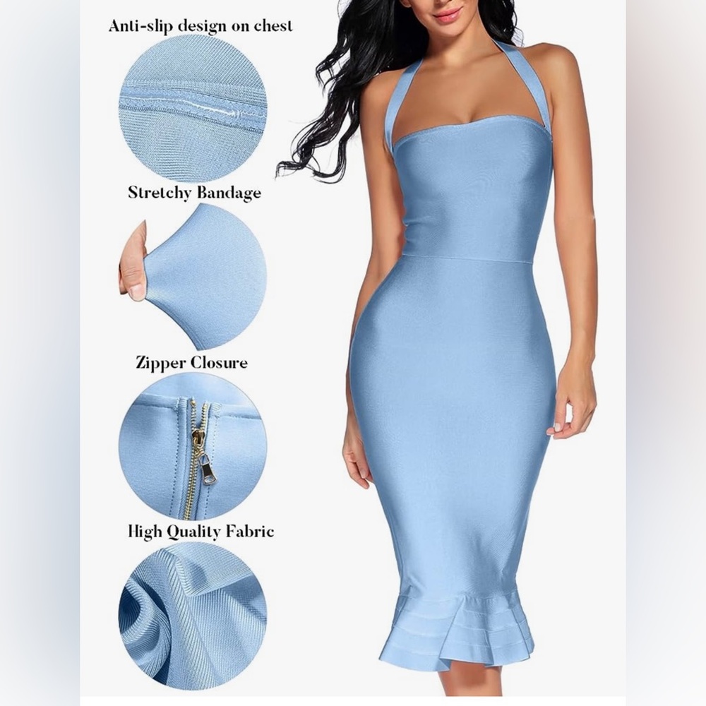 Houstil Women’s V-Neck Halter Fishtail Bandage Bodycon Dress Ice Blue Sz M NEW